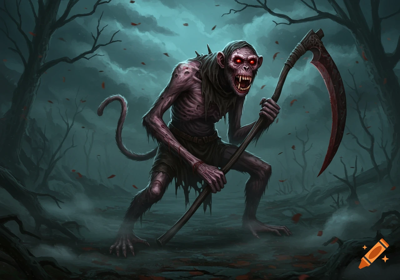 Demonic monkey with glowing red eyes and sharp teeth, holding a scythe in a dark, misty forest in a fantasy art style.
