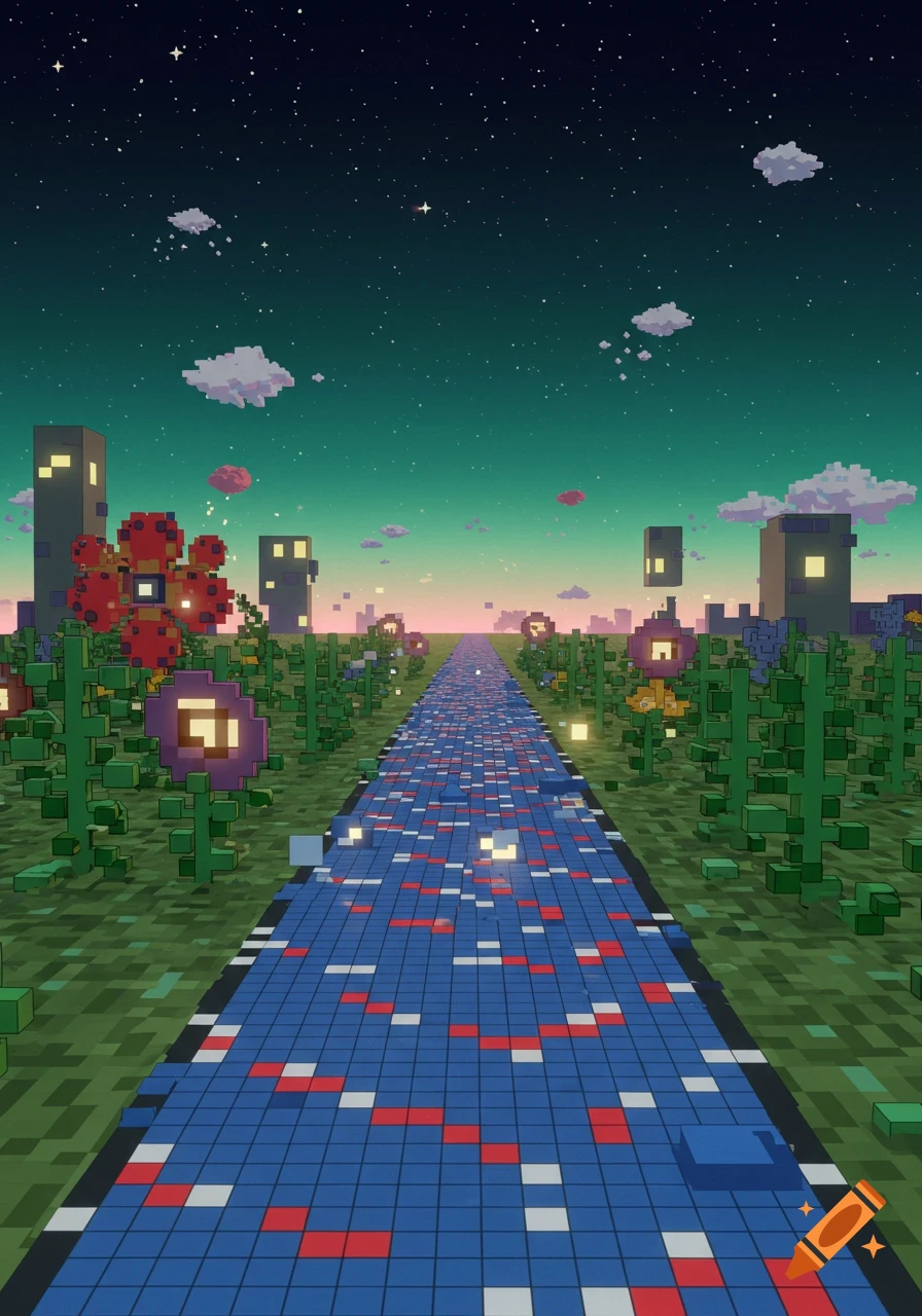 Pixel art landscape with a tiled path, glowing flowers, and blocky buildings under a starry sky.