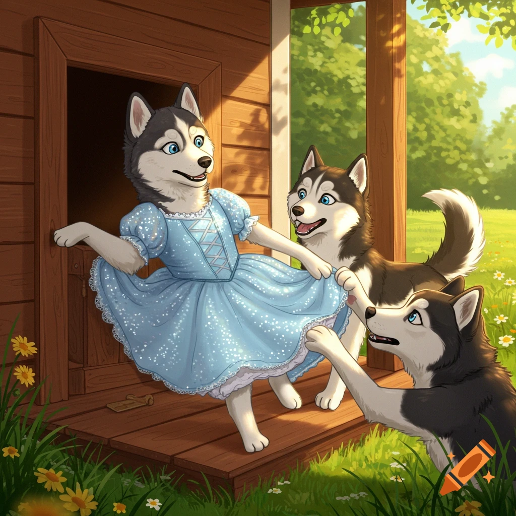 A cartoon illustration of three Siberian Huskies. One husky in a light blue princess dress stands in a doorway while two others playfully tug at her skirt in a sunny outdoor setting.