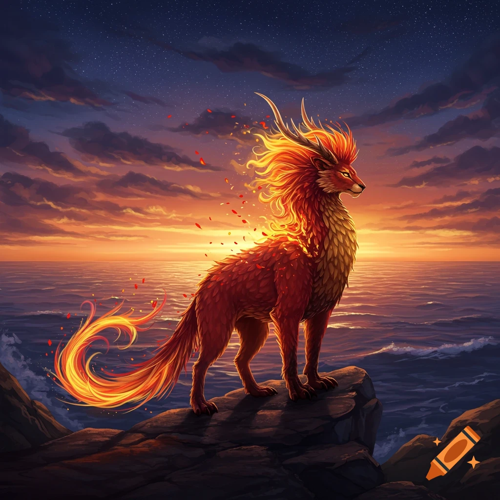 A vibrant, fiery creature with a glowing tail stands on a rock overlooking a sunset ocean.