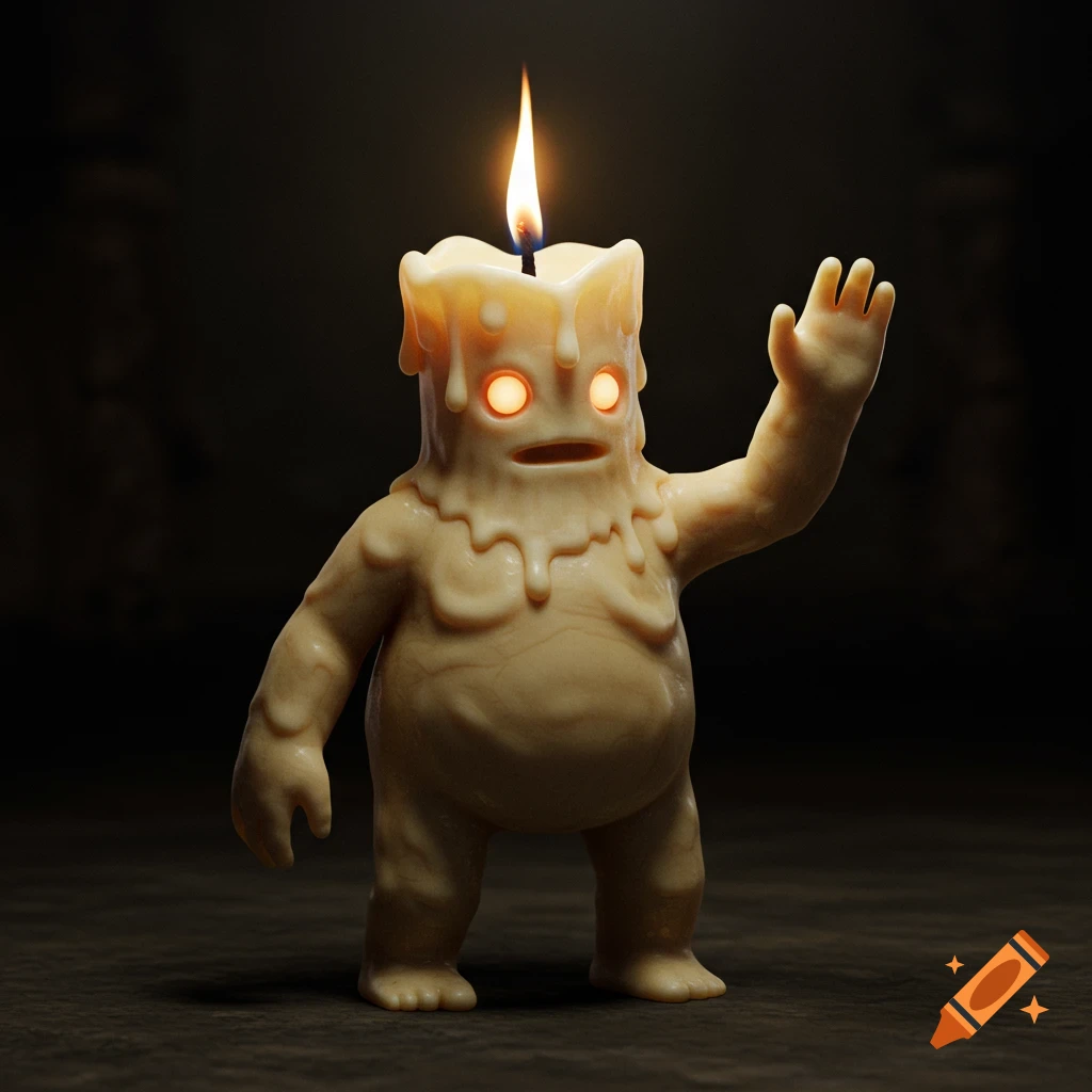 A squat, anthropomorphic candle figure with glowing orange eyes and a lit wick on its head, made of melting wax, stands in a dark room.