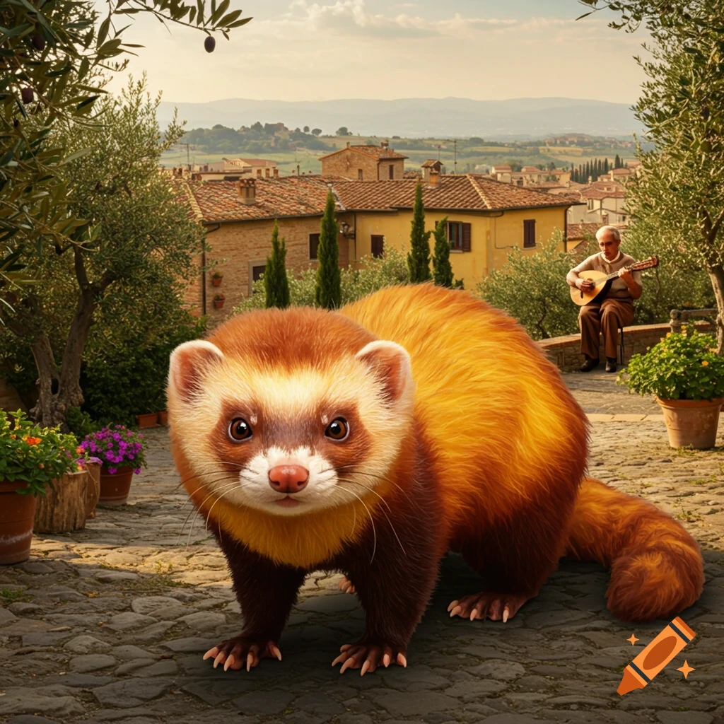 A large, fluffy brown and orange ferret-like creature stands on a stone path in an Italian village, with an old man playing a lute in the background.