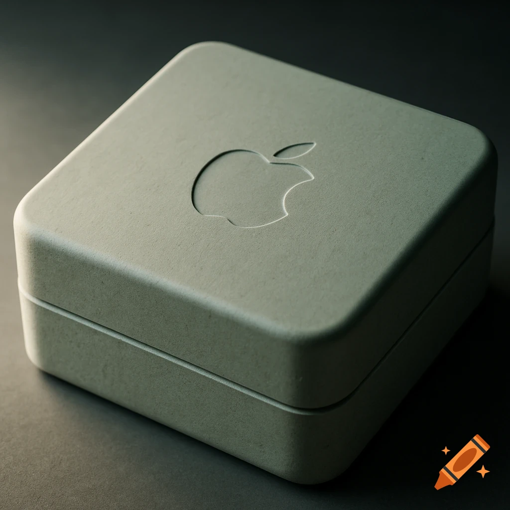 A minimalist, muted green, recycled paper pulp box with an embossed Apple logo, under cinematic studio lighting.