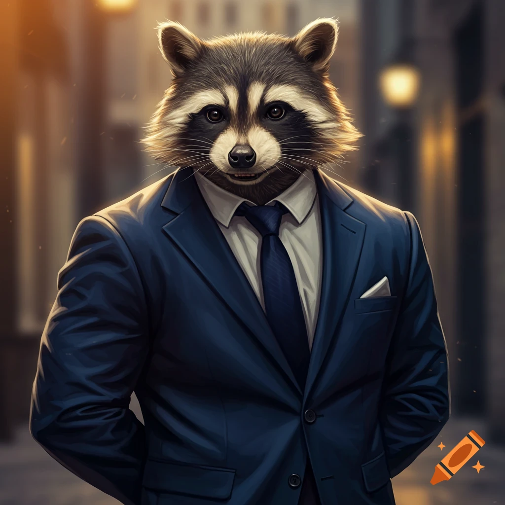 A photorealistic anthropomorphic raccoon wearing a dark blue suit and tie stands in an alleyway, looking directly at the viewer.