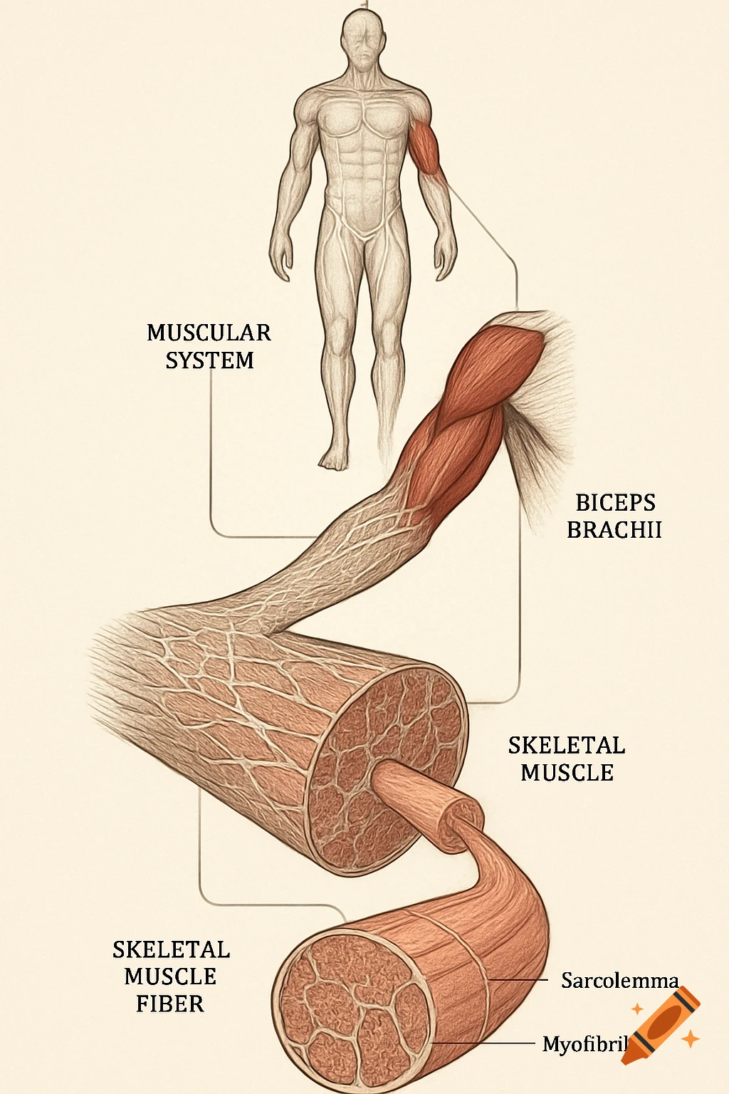 A detailed diagram illustrating the human muscular system, zooming in from the full body to the biceps brachii, then a skeletal muscle, and finally a skeletal muscle fiber, with labels.