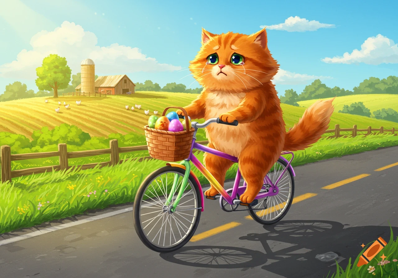 An orange cartoon cat with tears in its eyes rides a rainbow-colored bicycle down a road, carrying a basket of colorful Easter eggs. A farm with a barn and chickens is in the background.