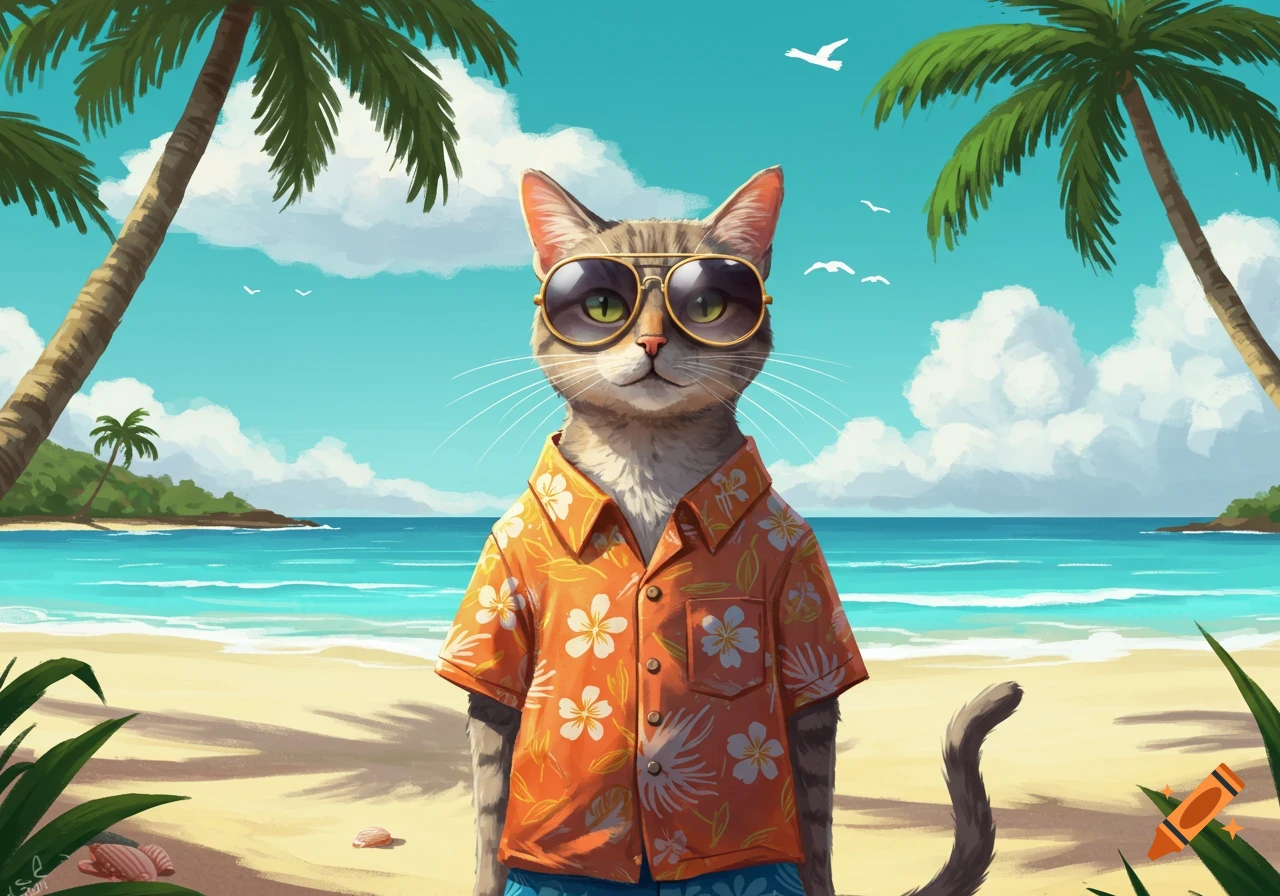 A cool cat wearing sunglasses and an orange Hawaiian shirt stands on a sandy beach with palm trees and a blue ocean in a cartoon illustration style.