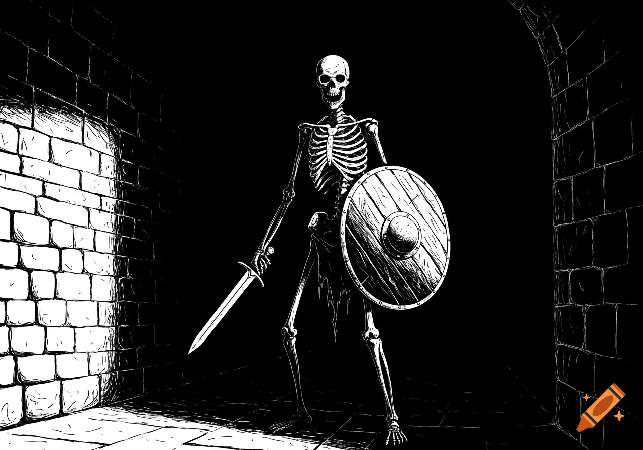 A black and white simple illustration of a skeleton warrior holding a sword and a round shield, standing in a dark dungeon hallway.