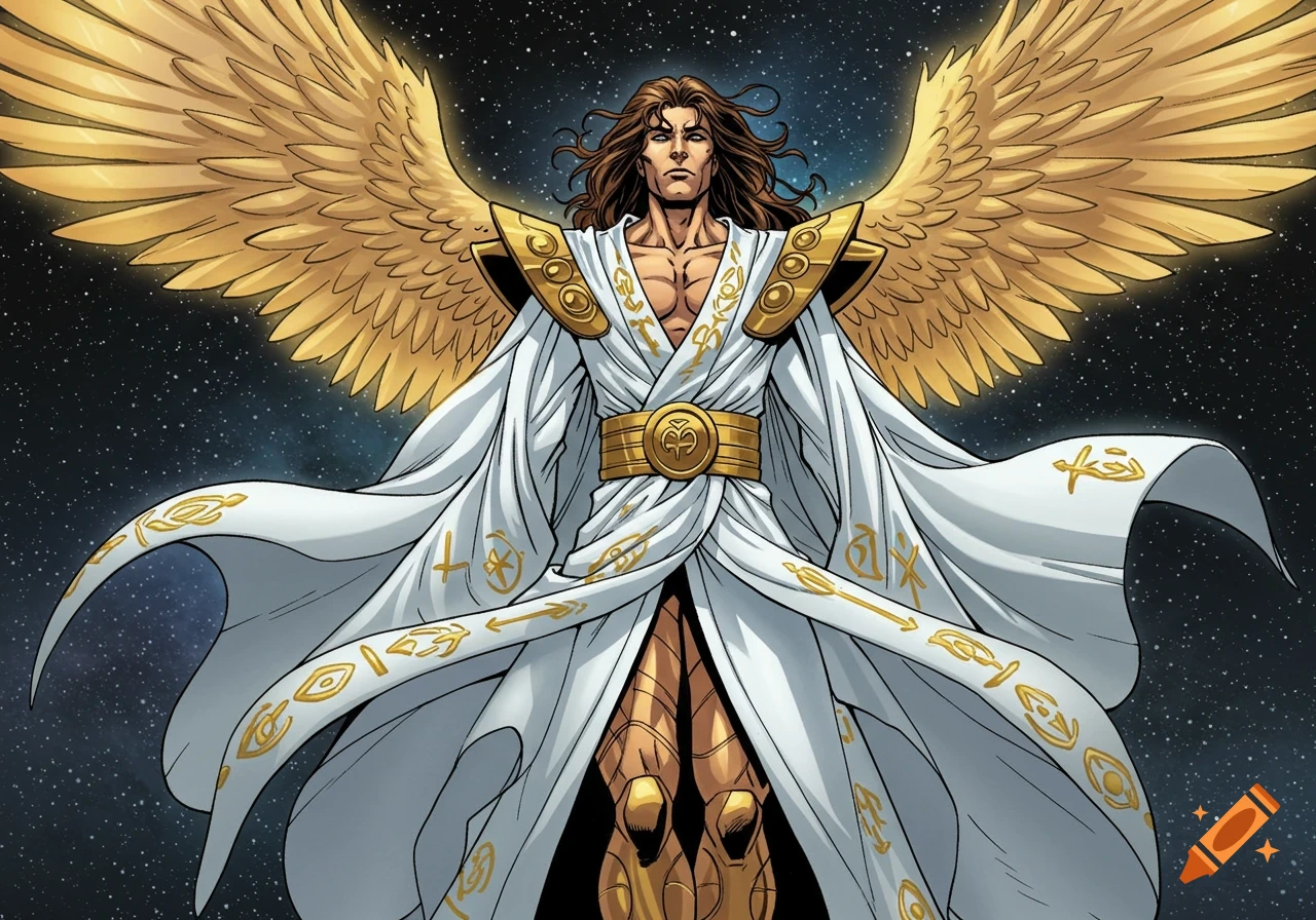 Heroic angelic figure with brown hair, golden wings, and a white and gold robe adorned with symbols, against a starry cosmic background in a comic book style.