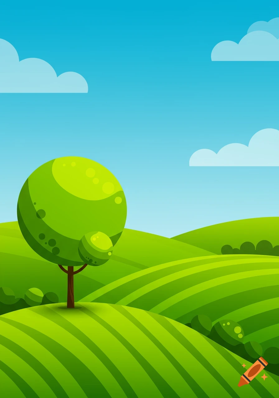 A vibrant stylized illustration of rolling green hills, a single round tree, and white clouds in a bright blue sky.
