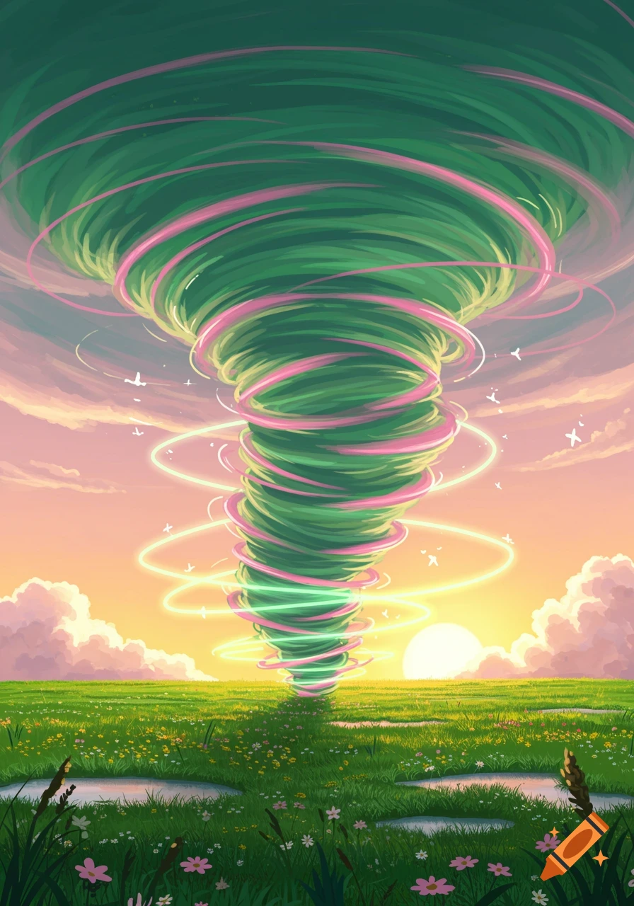 A vibrant green and pink tornado with glowing rings spins in a lush green field under a pastel sunset sky, digital illustration.