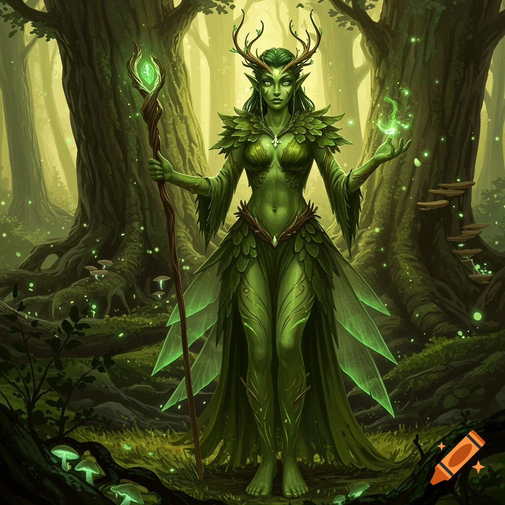 A mystical green-skinned wood elf with antlers stands in an enchanted forest, holding a glowing staff and conjuring magic.