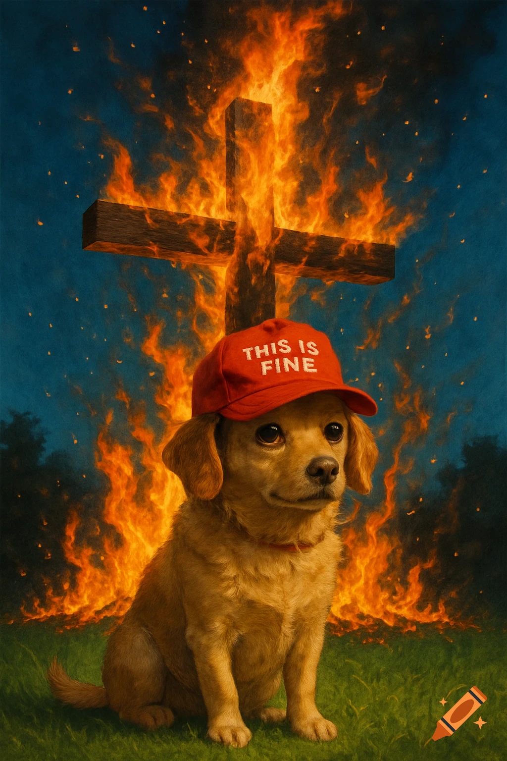 A small golden dog wearing a red "THIS IS FINE" hat sits in a grassy field in front of a large wooden cross engulfed in flames, under a dark sky.