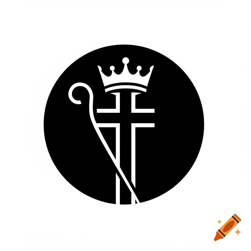 A black and white religious symbol featuring a cross, crown, and shepherd's staff within a black circle.