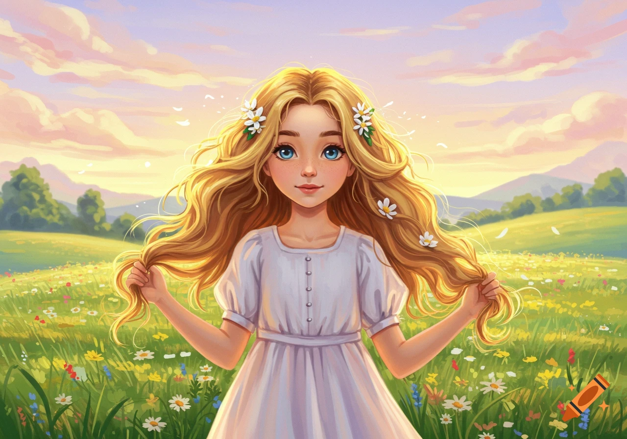 An illustration of a young girl with long blonde hair holding her hair in a field of flowers at sunset.
