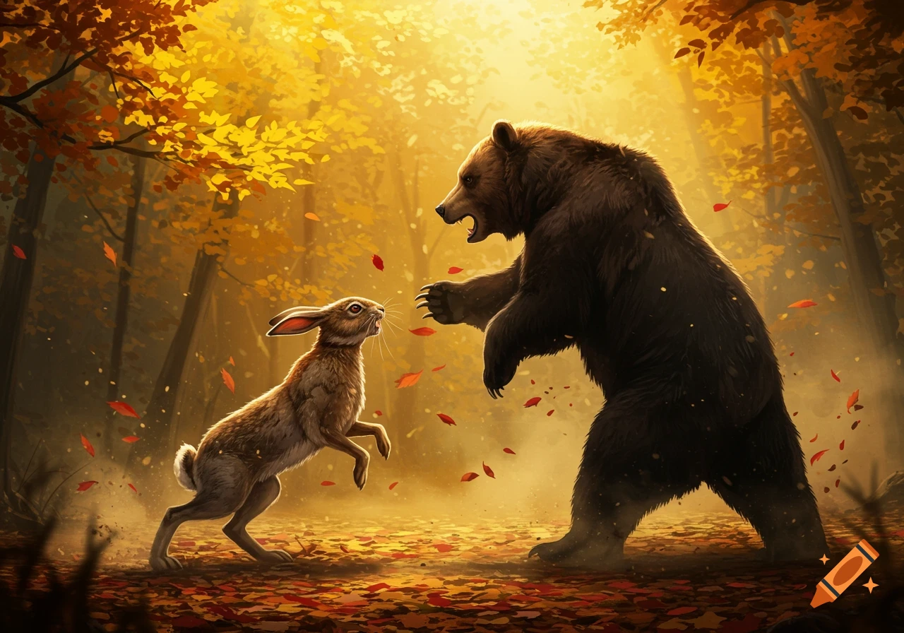 A brown bear rears up and growls at a small rabbit in a sunlit autumn forest with falling red and orange leaves.