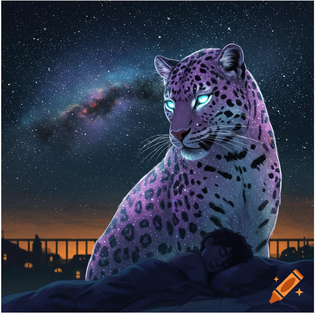A mystical purple leopard with glowing eyes and a star-speckled coat watches over a sleeping person under a starry night sky with a city skyline.