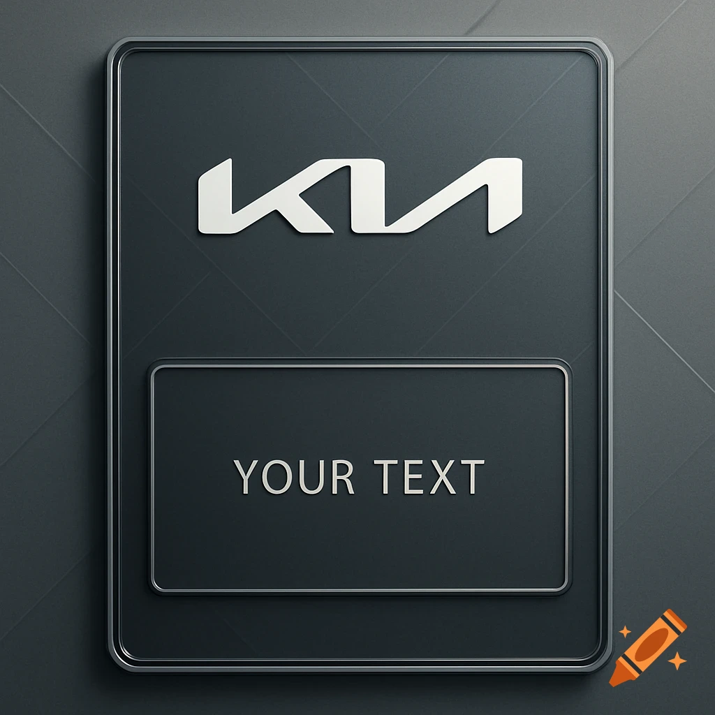 A dark gray rectangular sign with the white modern Kia logo at the top and a rectangular placeholder below for 'YOUR TEXT'.