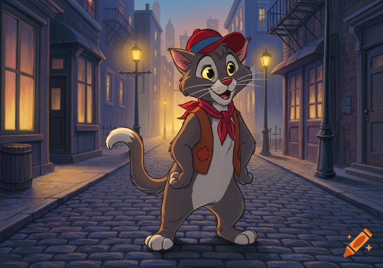 An anthropomorphic cat wearing a hat and scarf stands on a cobblestone street at dusk, cartoon style.
