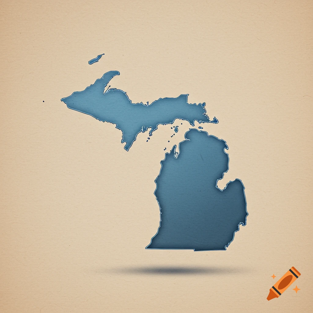 A blue outline of the state of Michigan with a textured effect, on a light brown paper background with a subtle shadow.