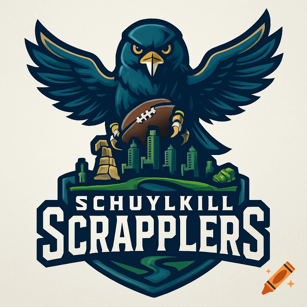 A sports logo featuring a dark blue falcon holding a football above a city skyline, with 'SCHUYLKILL SCRAPPLERS' text.