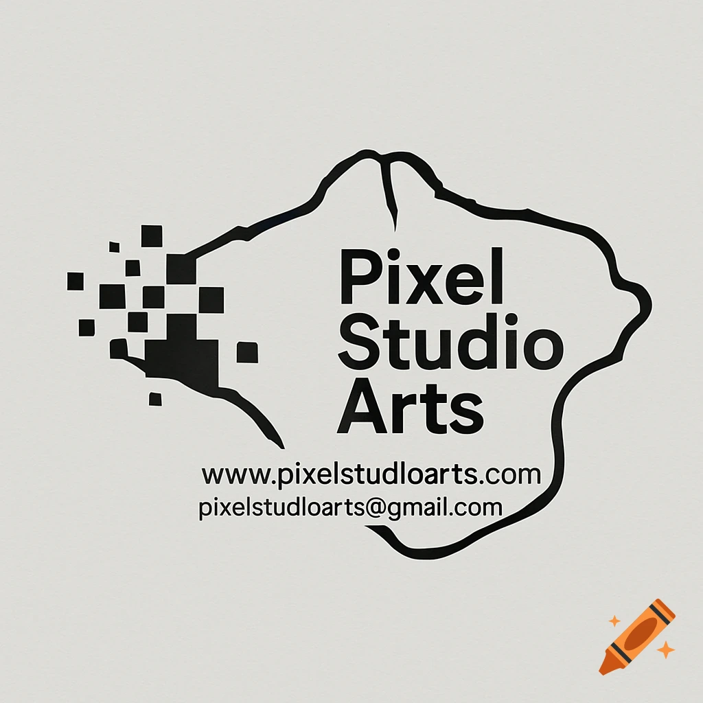 A black and white logo featuring 'Pixel Studio Arts' inside a map-like outline with exploding pixel graphics and contact info.