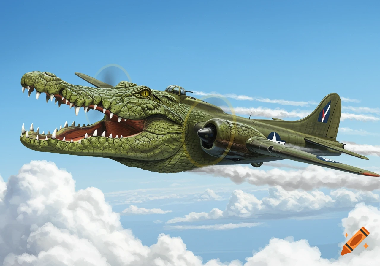 A green crocodile head seamlessly replaces the nose of a military bomber plane flying through a blue sky with white clouds.