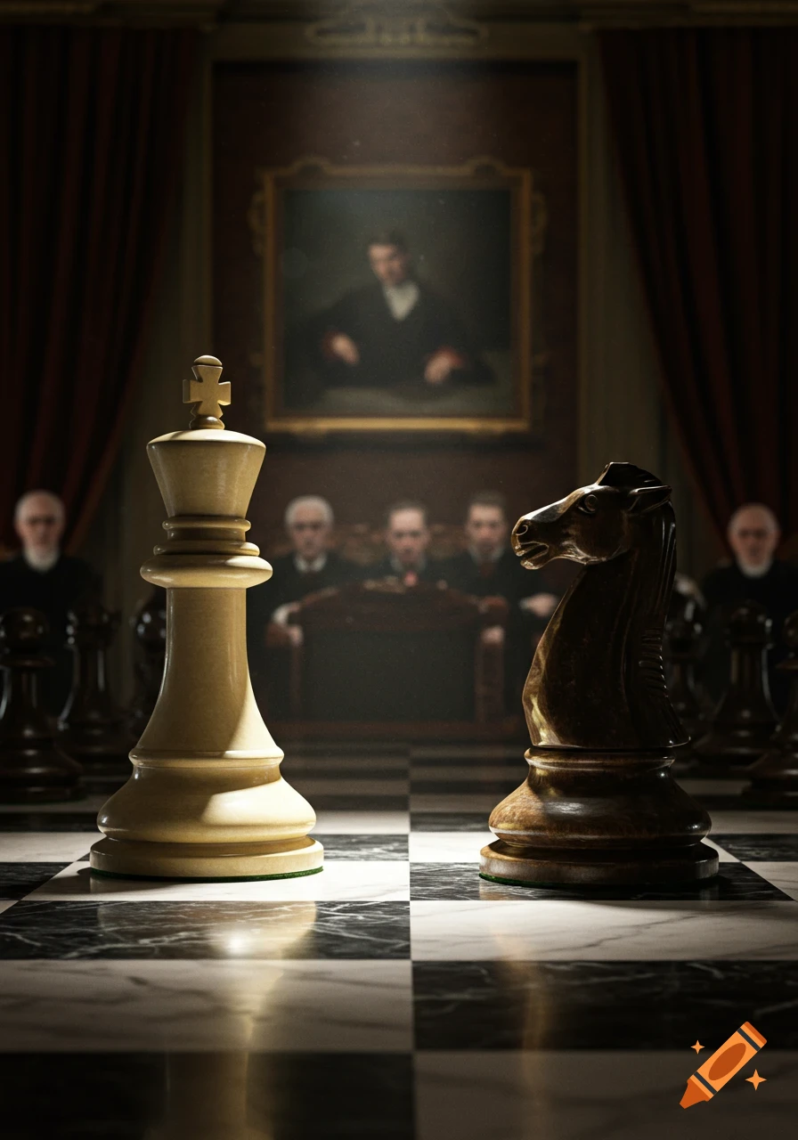A white chess king and a black knight on a chessboard in a dimly lit, grand room with blurred figures and a painting in the background.
