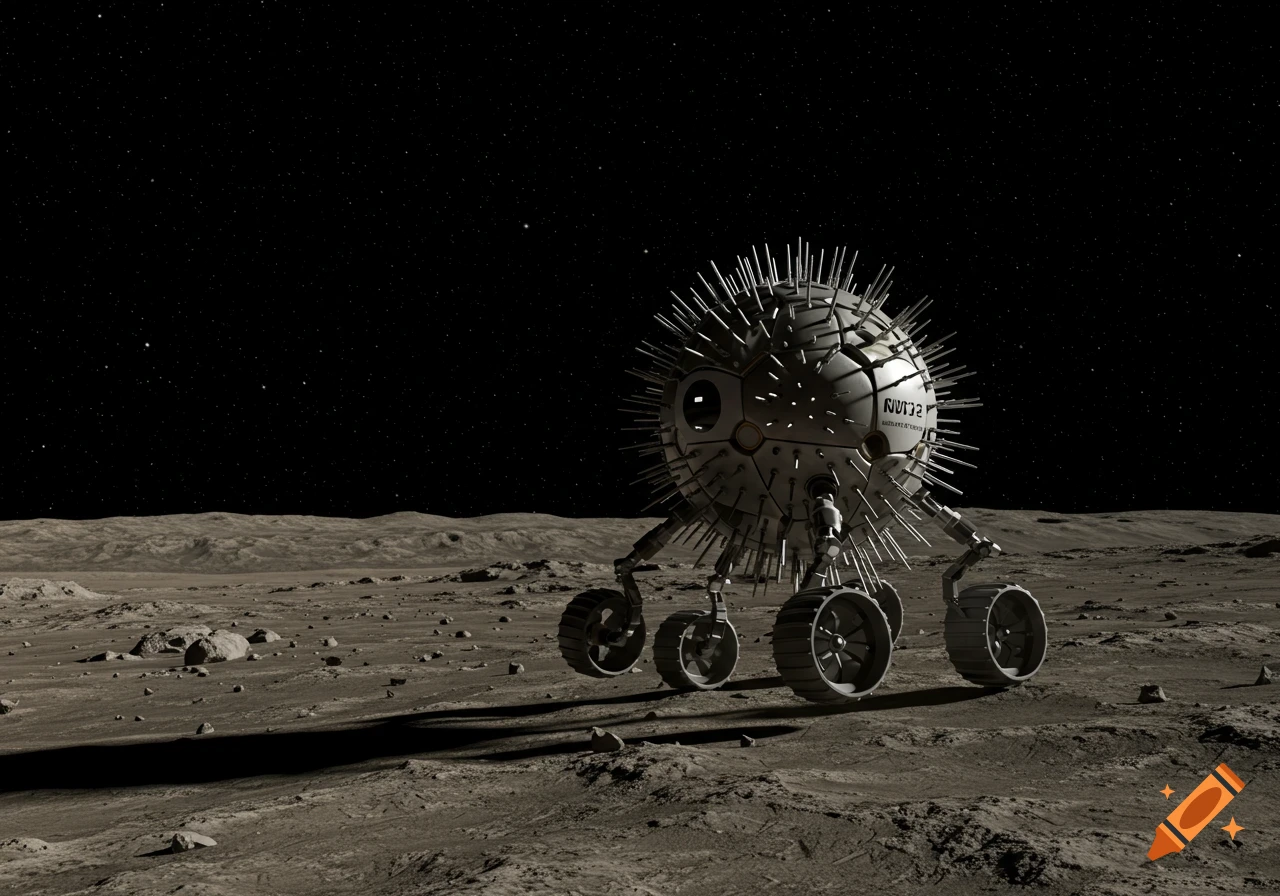 A spherical, spiky rover with wheels sits on a rocky, sunlit dwarf planet surface under a starry night sky.