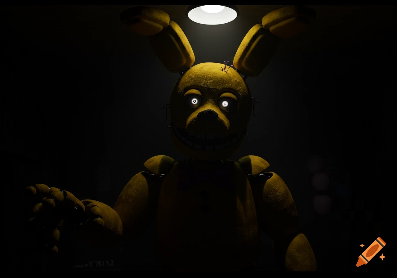 Yellow animatronic rabbit with glowing eyes and a grin, lit from above in a dark room, looking menacingly at the viewer.