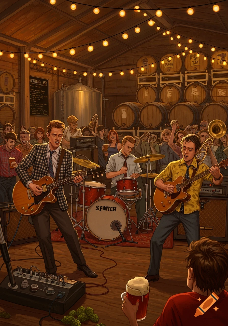 A ska band performs in a lively brewery setting, with a guitarist, drummer, and a musician with a trombone-like instrument on stage, surrounded by a cheering crowd and wooden beer barrels.