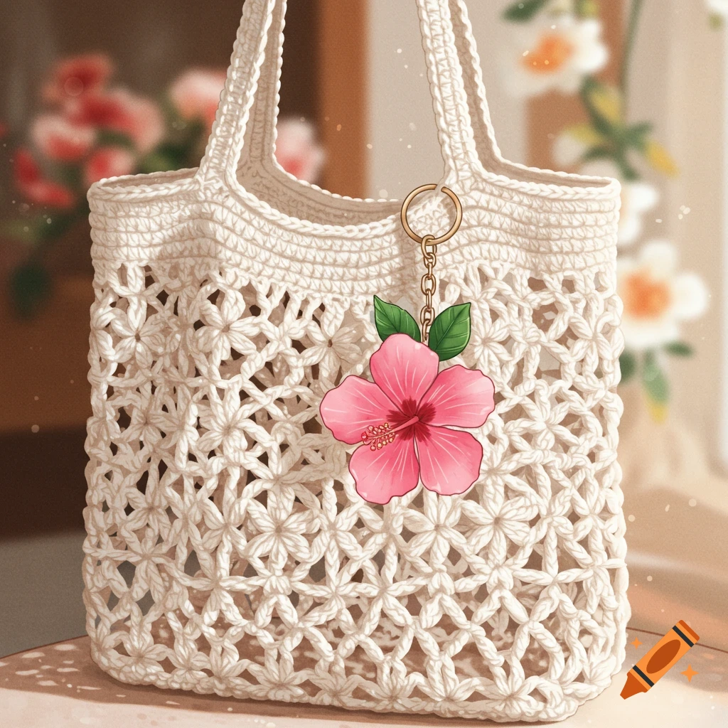 A white crochet tote bag with a pink hibiscus flower keychain hanging from one of its handles.