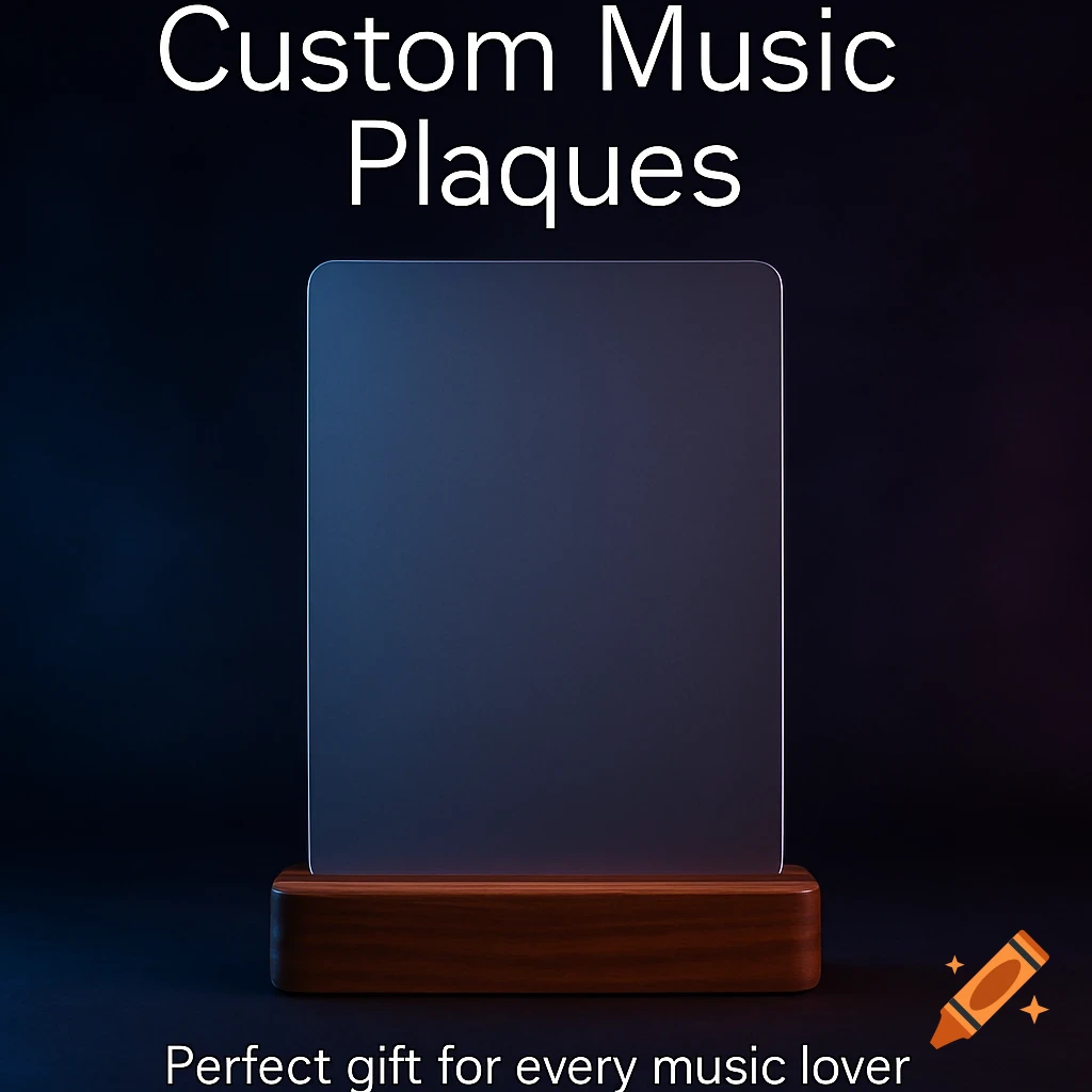 A transparent custom music plaque with a wooden base on a dark ...