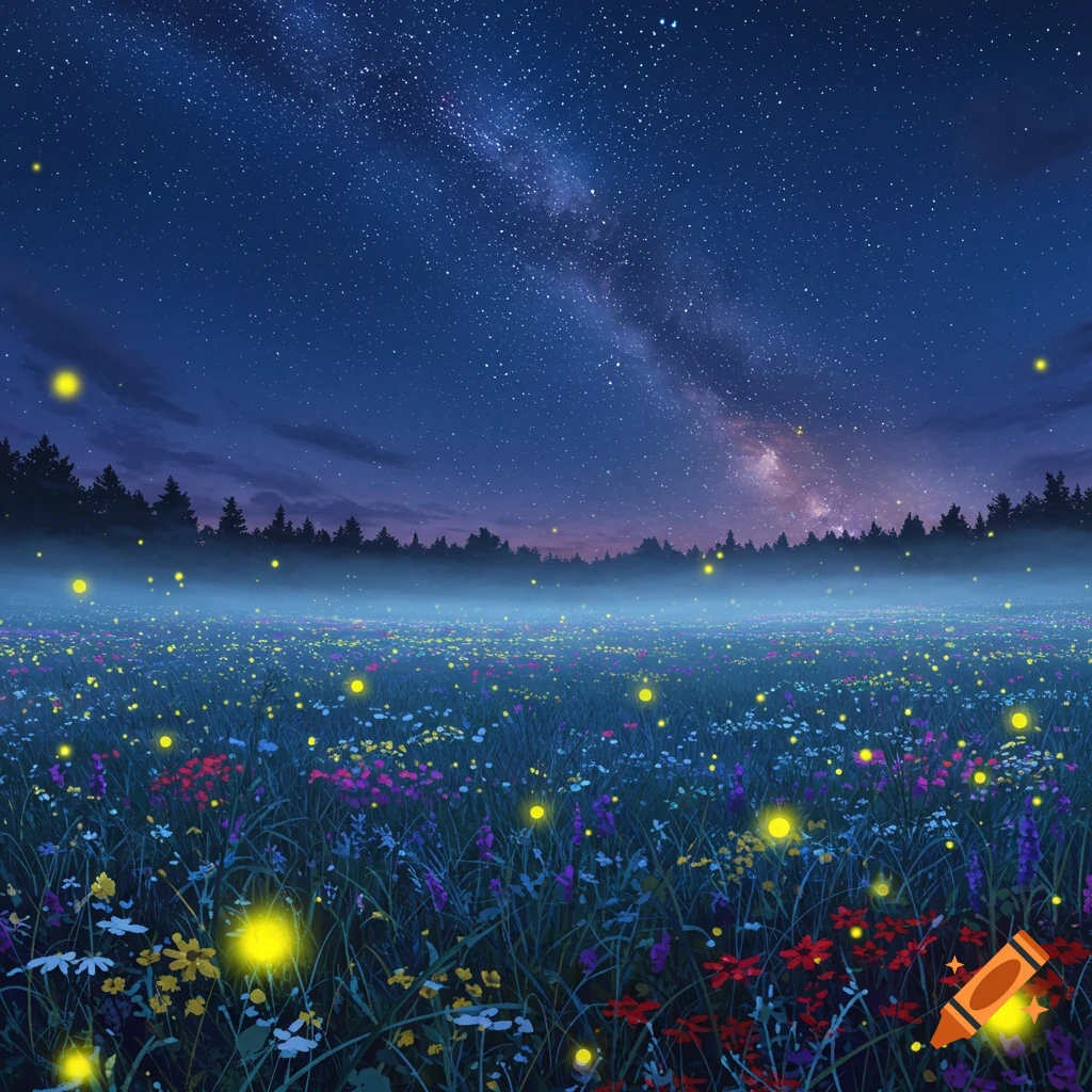 A vibrant night meadow under a starry sky, filled with colorful wildflowers, glowing fireflies, and the Milky Way.