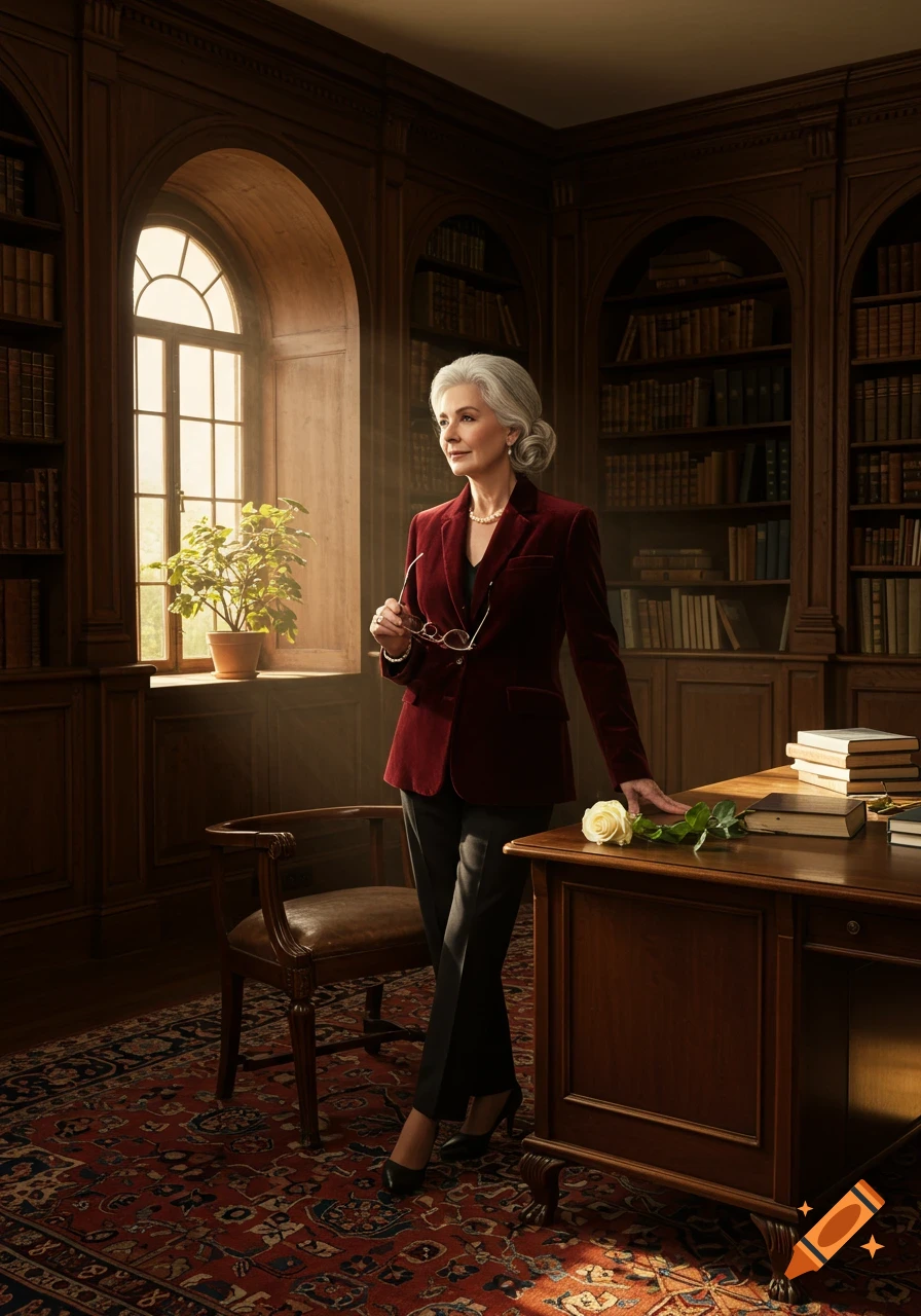 A mature woman in a red velvet blazer stands in a richly paneled library, holding glasses and resting a hand on a wooden desk with a white rose.