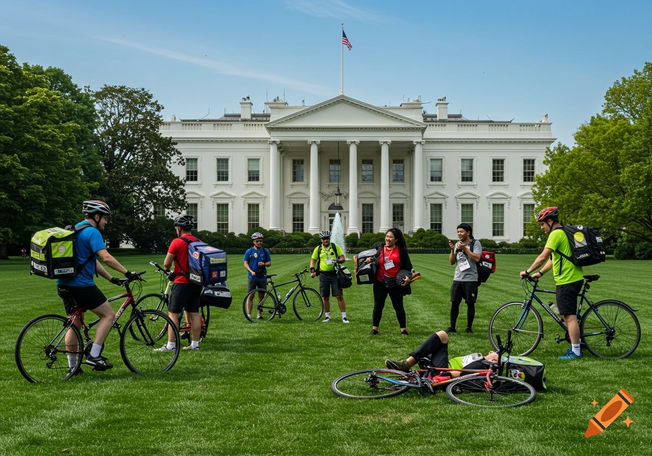 Bike messengers with their bikes and delivery bags on the lawn in front of the White House on a sunny day.
