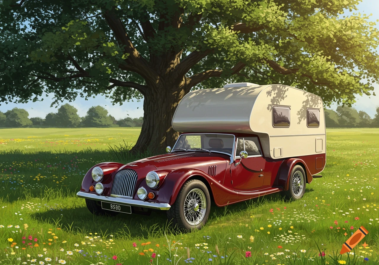 A red classic Morgan Plus 4 car with a beige campervan attachment parked under a large tree in a green field with wildflowers.