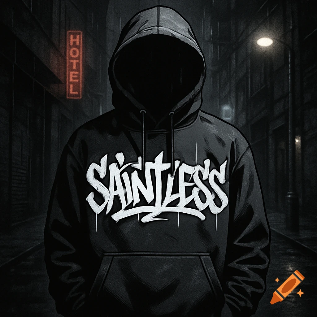 Person in black hoodie with 'SAINTLESS' in graffiti style, standing in a dark, rainy urban alley with a neon 'HOTEL' sign.