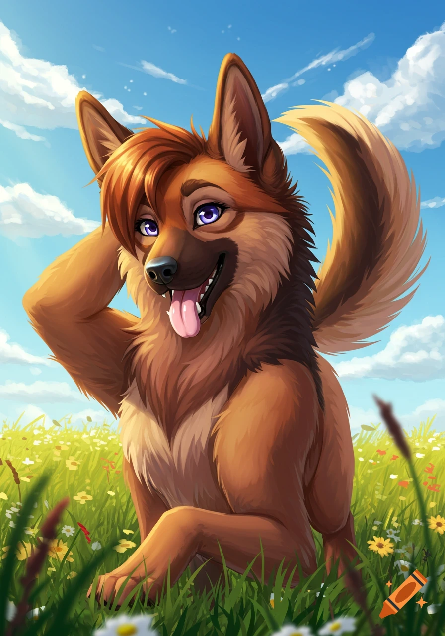 An anthropomorphic German Shepherd furry character with purple eyes and tongue out, sitting in a sunny field of wildflowers.