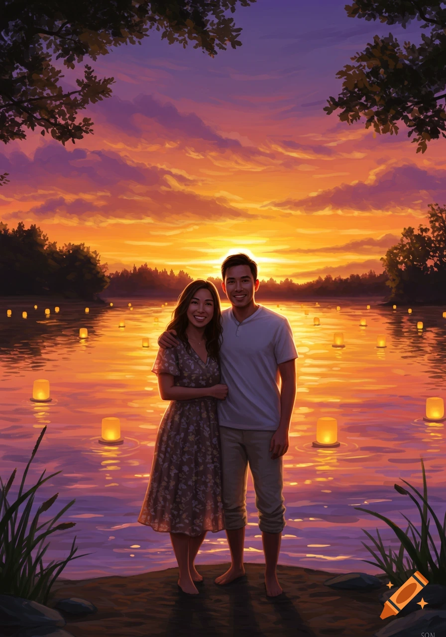A couple stands by a lake filled with floating lanterns at sunset, with a vibrant orange and purple sky.