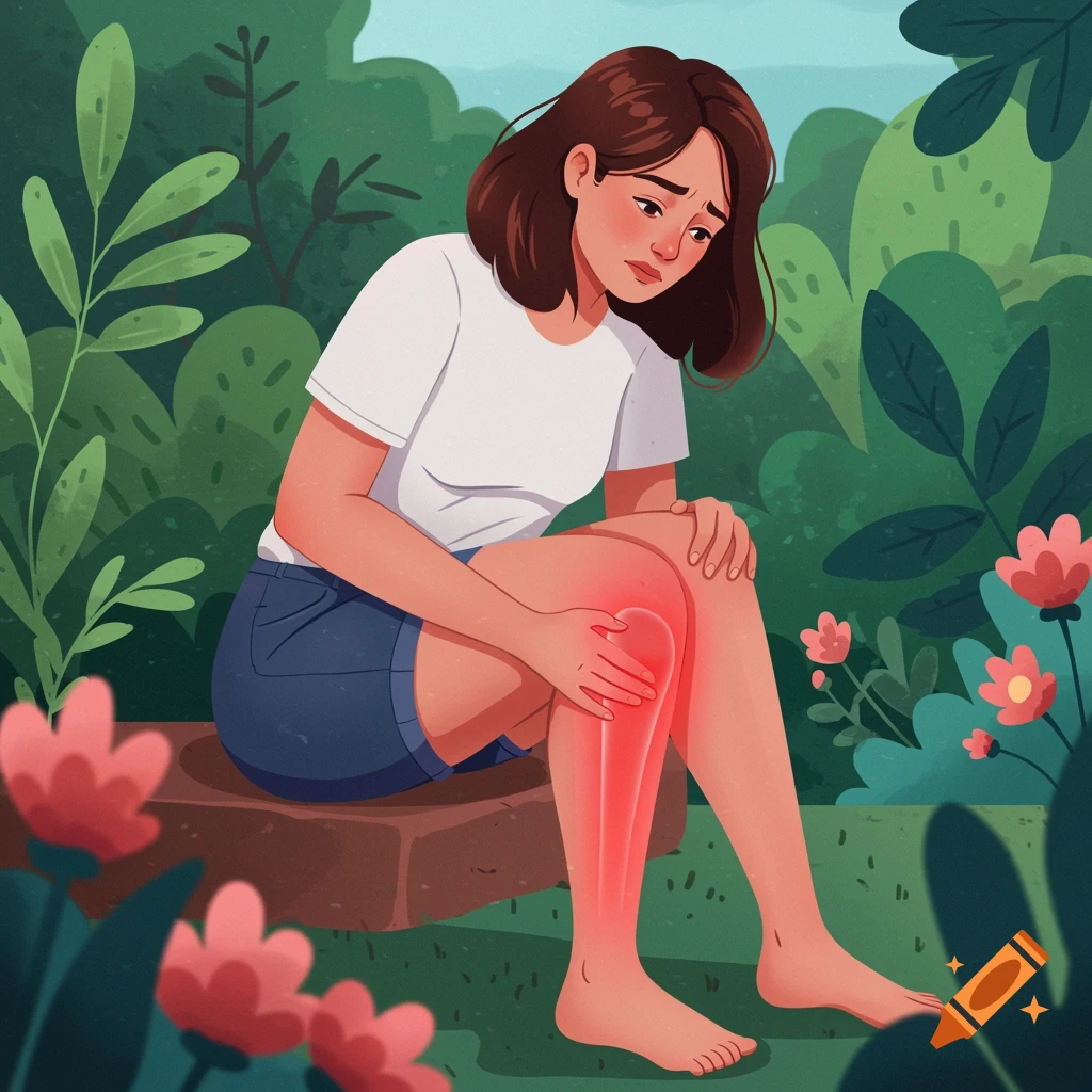 Animated illustration of a sad woman sitting outdoors, holding her red, painful knee amidst green plants and pink flowers.