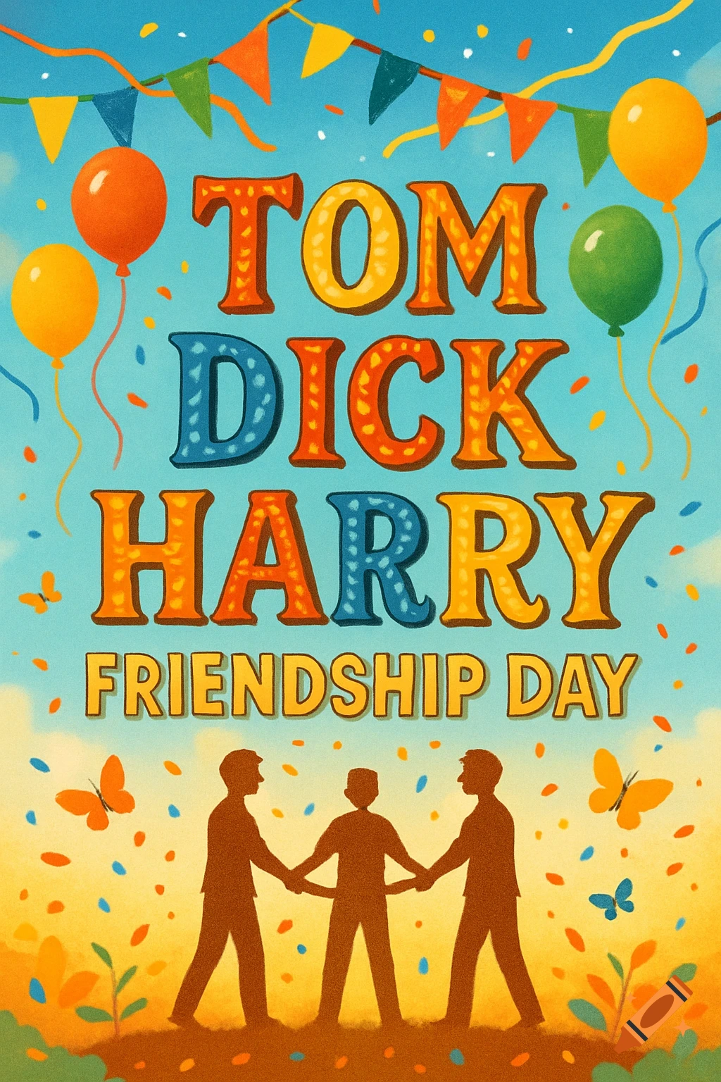 Colorful illustration for Friendship Day with decorative text "TOM DICK HARRY FRIENDSHIP DAY" and three people holding hands.