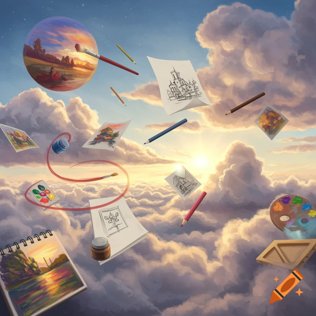 Art supplies, including brushes, pencils, paint palettes, and sketchbooks, float among sunlit clouds in a surreal sky.