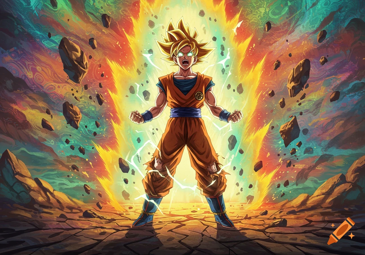 Anime character with golden hair and glowing eyes powers up intensely, surrounded by a vibrant orange aura and floating rocks.