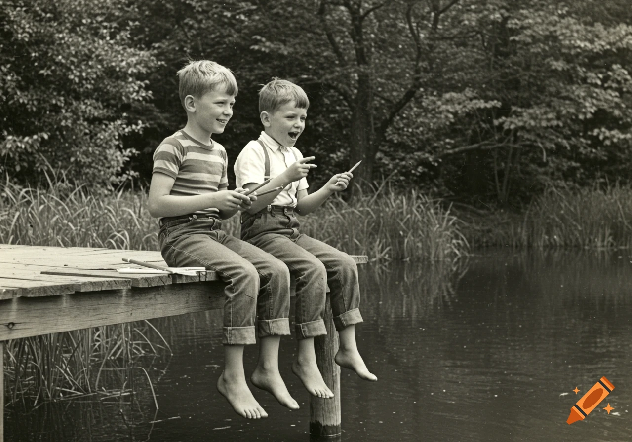 Black and white photo of two young boys sitting on a wooden pier, bare feet dangling over a pond, holding pencils.