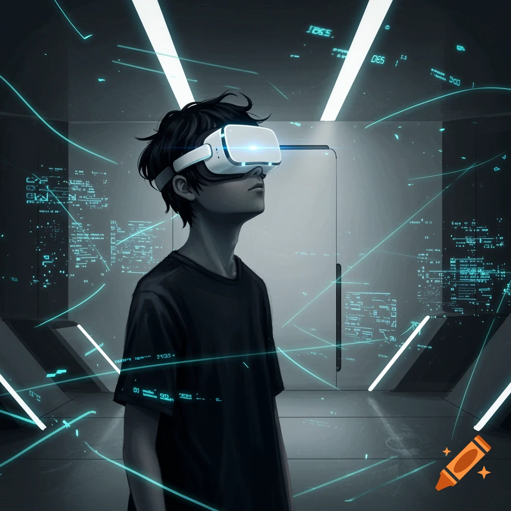 A stylized image of a boy wearing a white virtual reality headset, looking up in a dark, futuristic room with glowing blue data lines and symbols.