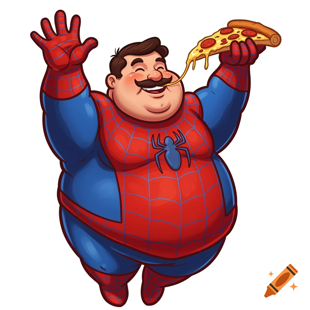 A cheerful, round man in a Spider-Man suit holds a slice of pepperoni pizza with melting cheese and waves. Cartoon style.