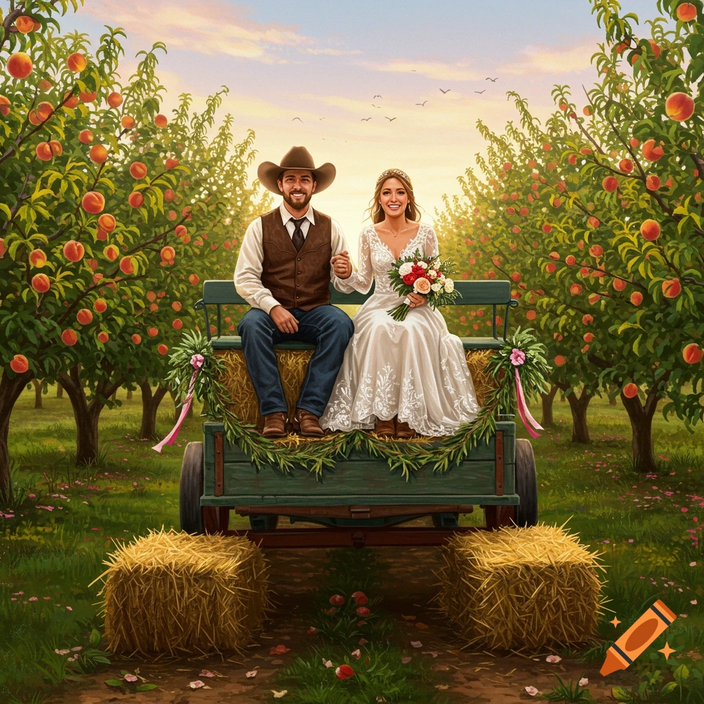A smiling newlywed couple in Western attire sits on a hay-decorated wagon in a vibrant peach orchard.