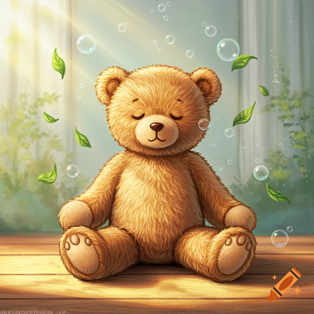 Pencil colored illustration of a brown teddy bear meditating on a wooden floor, surrounded by floating leaves and bubbles.