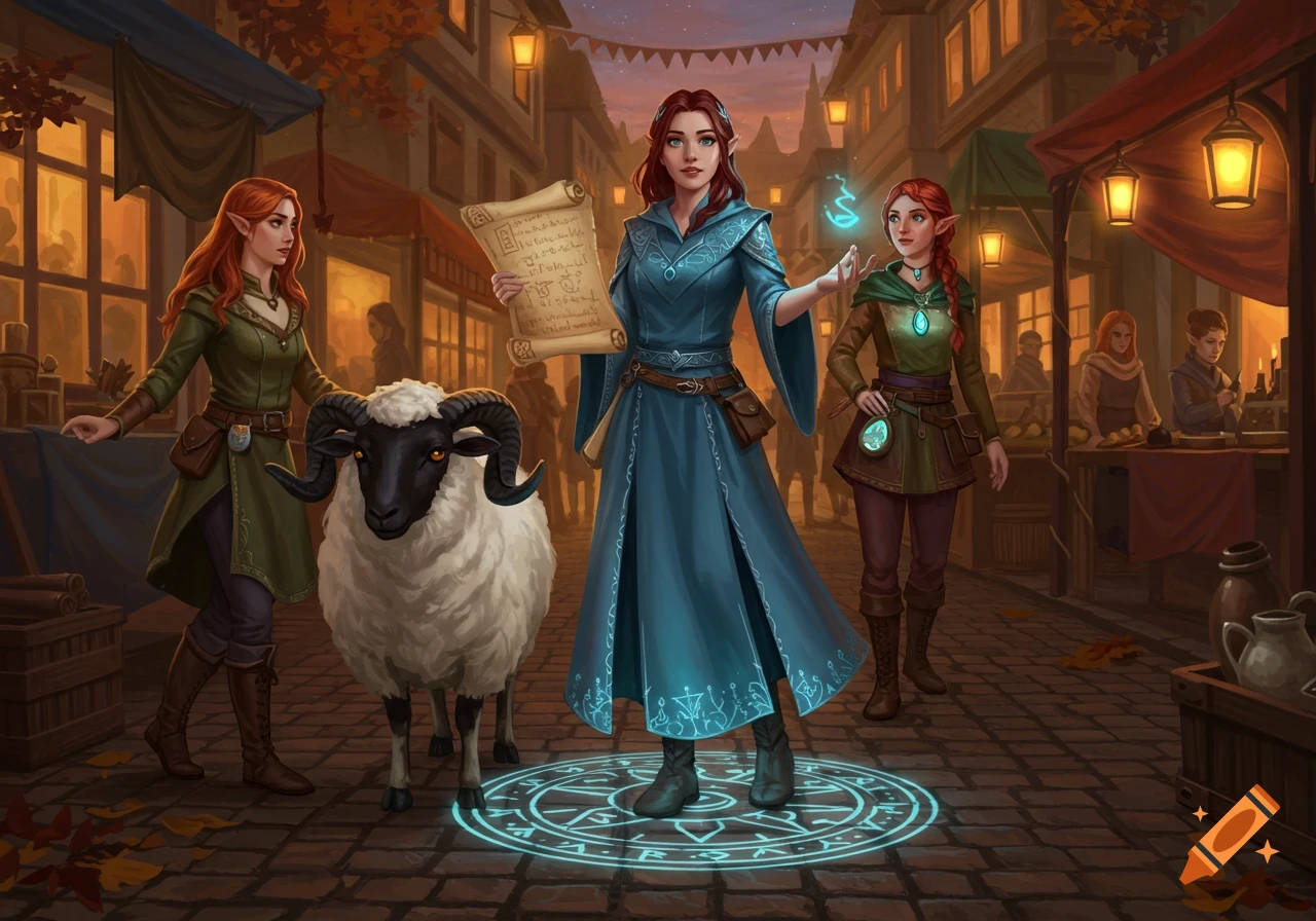 Three elven women, one holding a scroll, and a sheep stand on a cobblestone market street with a glowing magic circle. Fantasy art.